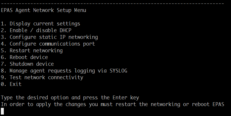 EPAS Agent Network Setup Menu