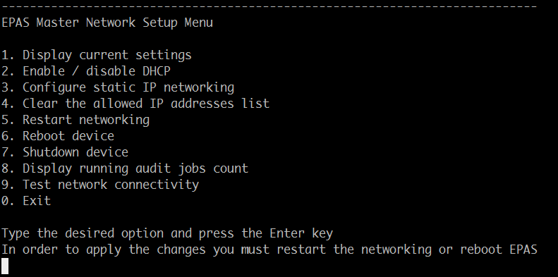 EPAS Master Network Setup Menu